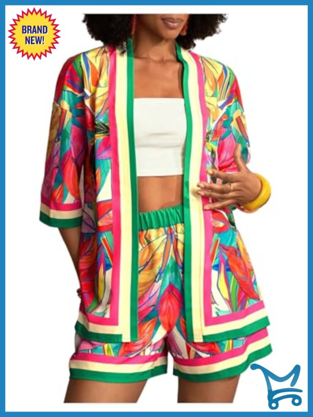 Women's 2 Piece Summer Tropical Vacation Outfits Kimono Tops Shorts Set